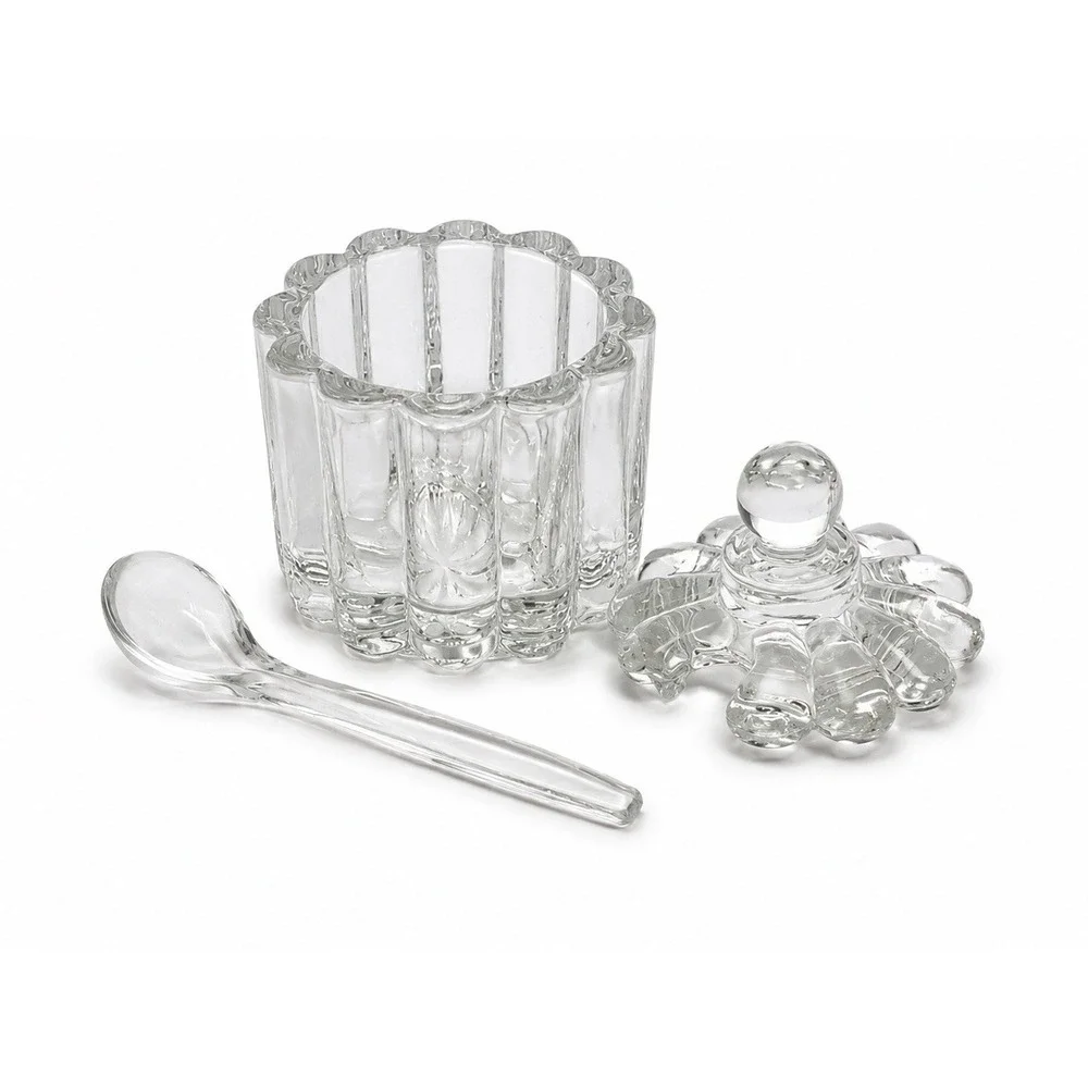 Heisey Crystolite Small Jam Jelly Jar With Lid & Spoon Salt Cellar ?